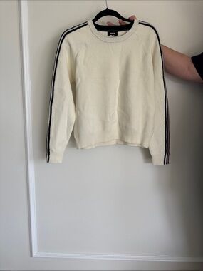 Monrow Cream Crewneck Sweater with Black Stripe Sleeve Detail